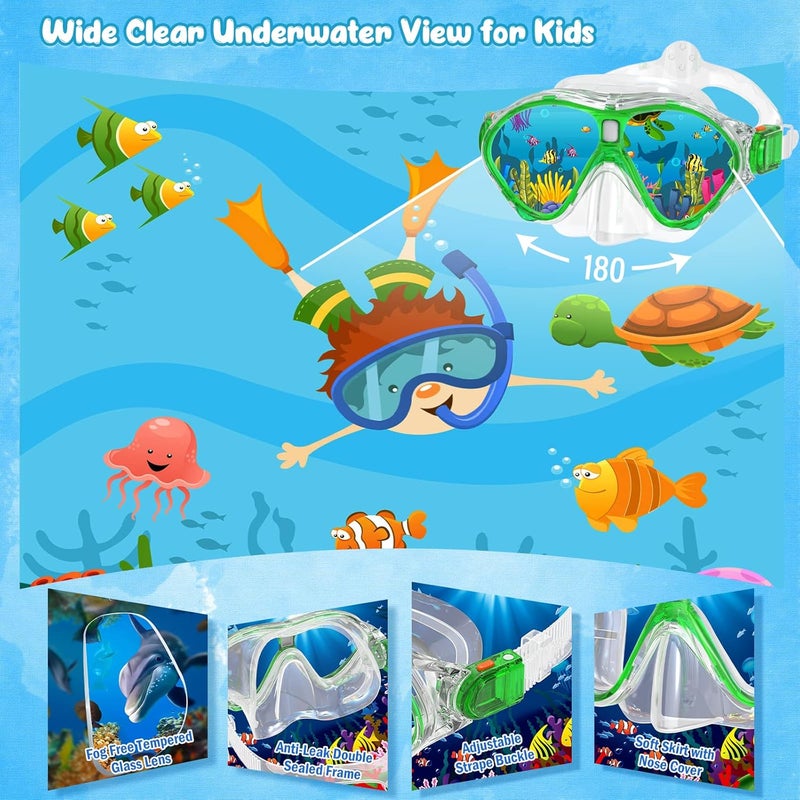 Seovediary Kids Snorkel Set, Mask Fins Snorkeling Gear for Kids Anti-Fog Swim Goggles 180 Panoramic View Dry Top Snorkel and Dive Flippers Combo with Travel Bag for Snorkeling Training Swimming Diving - Image 2